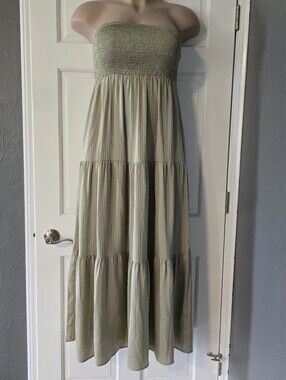 Klassy Network flowy sage green strapless maxi dress